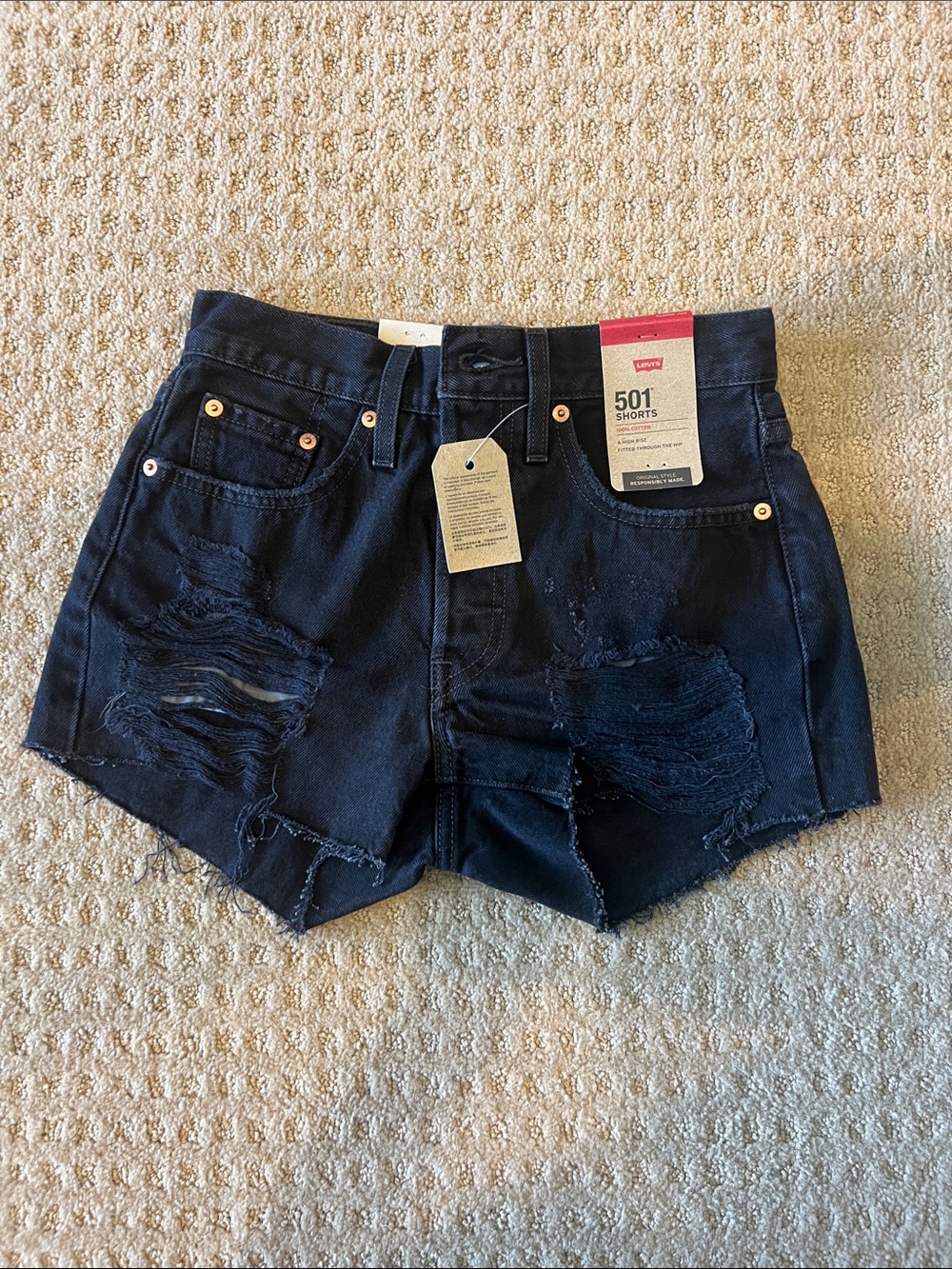Levi's Black Distressed 501 Denim Shorts NWT - size 24